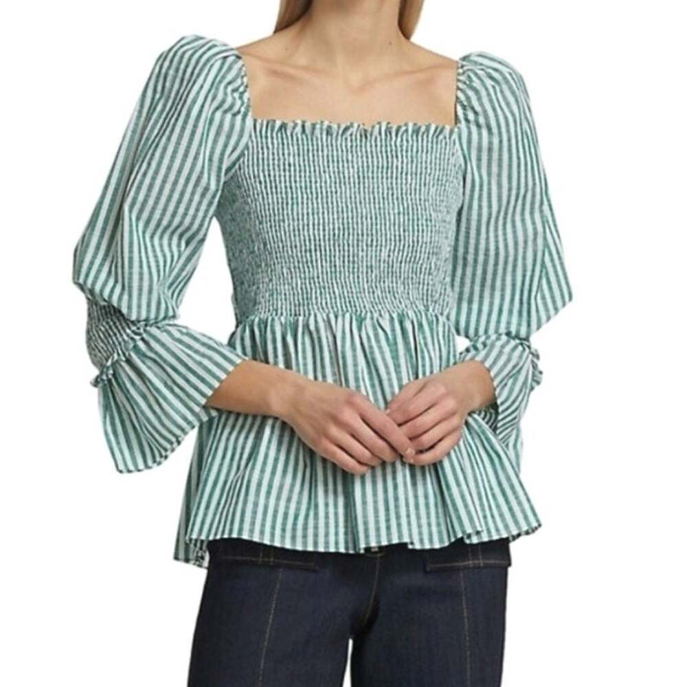Cinq à Sept Adly Green White Stripe Smocked Puff Sleeve Peplum Top M